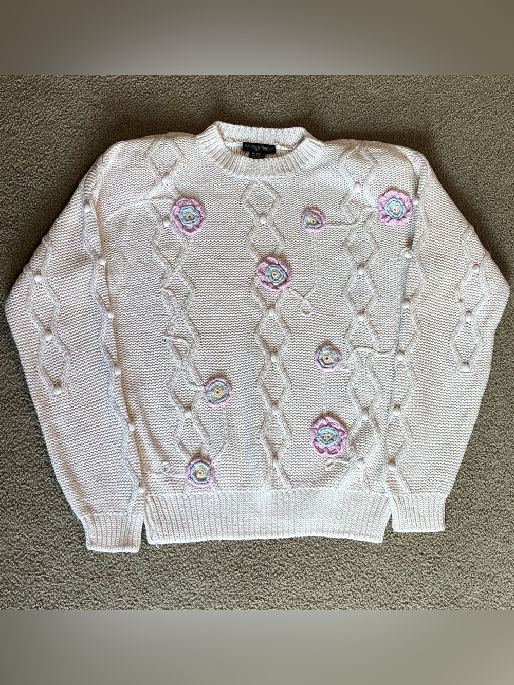 Vintage 3D Flower Crocheted Knit Cottagecore Sweater Womens Medium Boho Granny